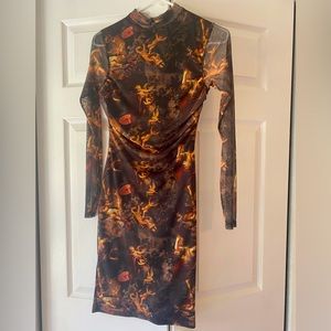 PrettyLittleThing | Shape Renaissance Print High Neck Mesh Bodycon Dress Size M